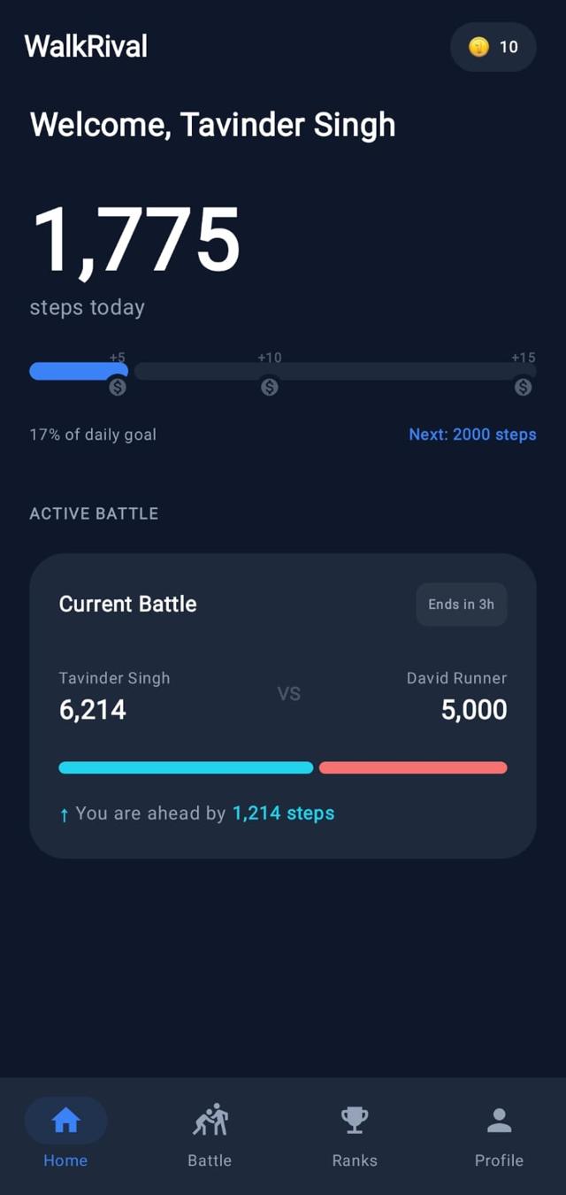 WalkRivals mobile app dashboard showing 1v1 step battle progress and rival comparison